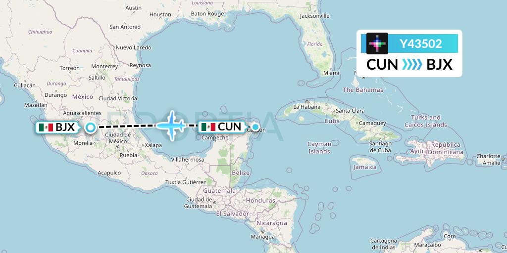 Y43502 Volaris Flight Map: Cancun to Silao