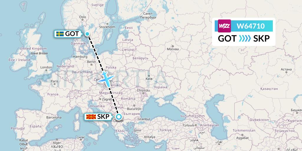 W64710 Wizz Air Flight Map: Gothenburg to Skopje