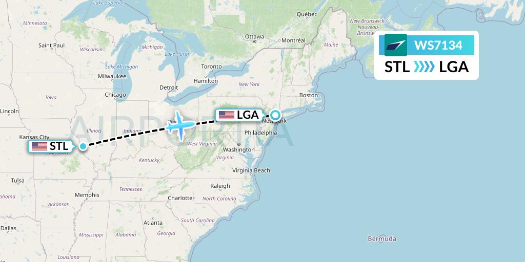 WS7134 WestJet Flight Map: St. Louis to New York