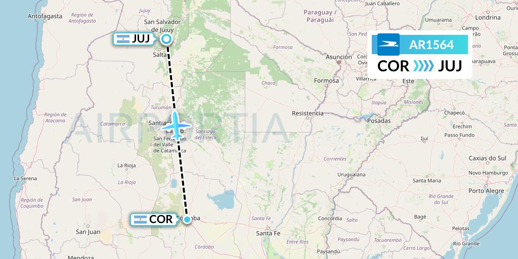 AR1564 Aerolineas Argentinas Flight Map: Cordoba to Jujuy