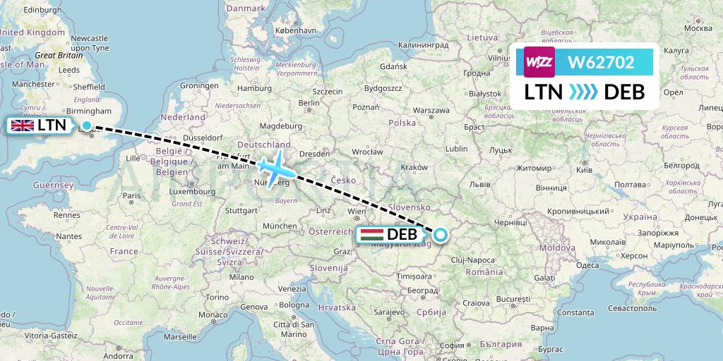 W62702 Wizz Air Flight Map: London to Debrecen
