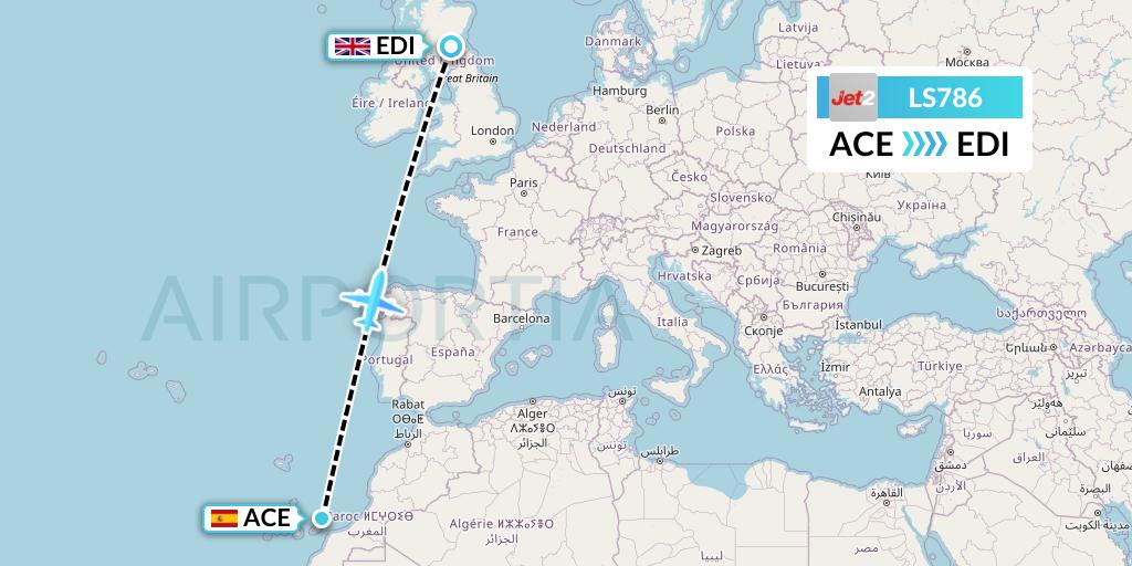 LS786 Jet2 Flight Map: Lanzarote to Edinburgh