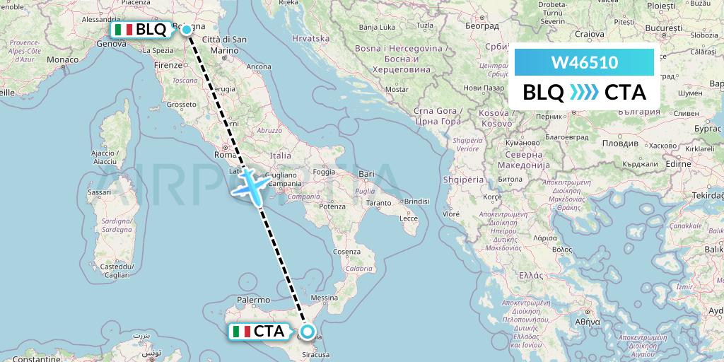 W46510 Wizz Air Malta Flight Map: Bologna to Catania