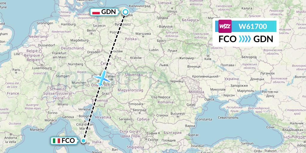 W61700 Wizz Air Flight Map: Rome to Gdansk