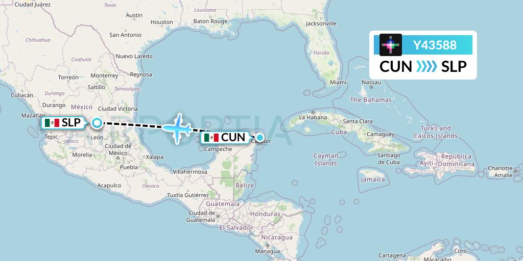 Y43588 Volaris Flight Map: Cancun to San Luis Potosi