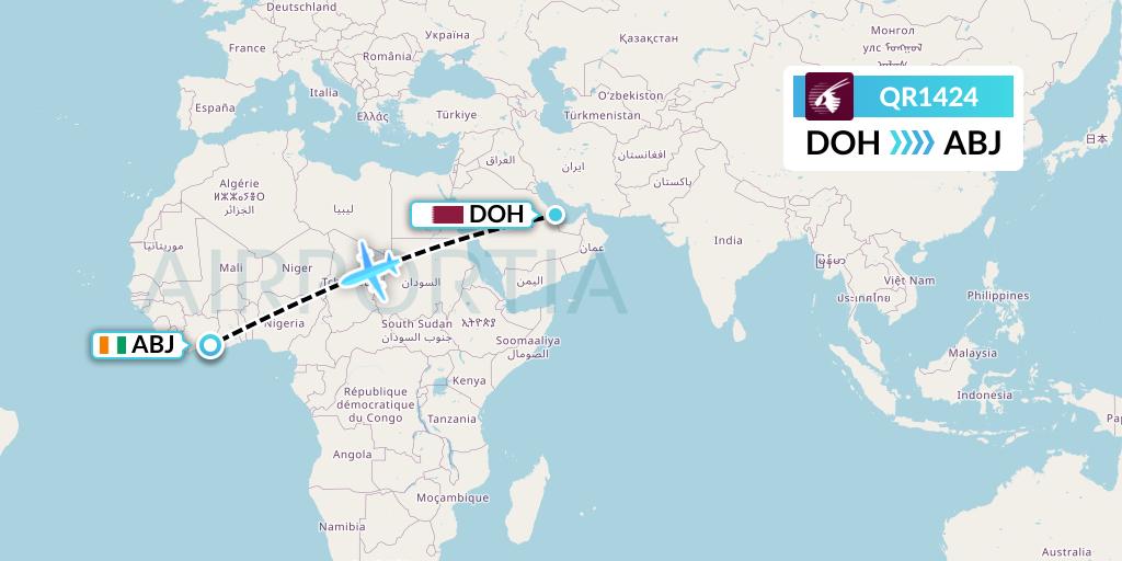 QR1424 Qatar Airways Flight Map: Doha to Abidjan