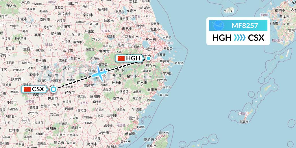 MF8257 Xiamen Airlines Flight Map: Hangzhou to Changsha