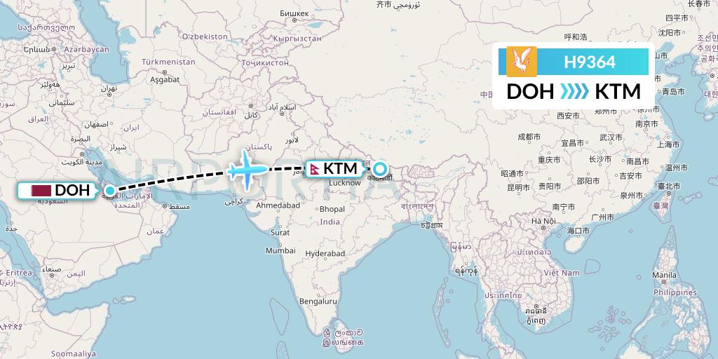 H9364 Himalaya Airlines Flight Map: Doha to Kathmandu