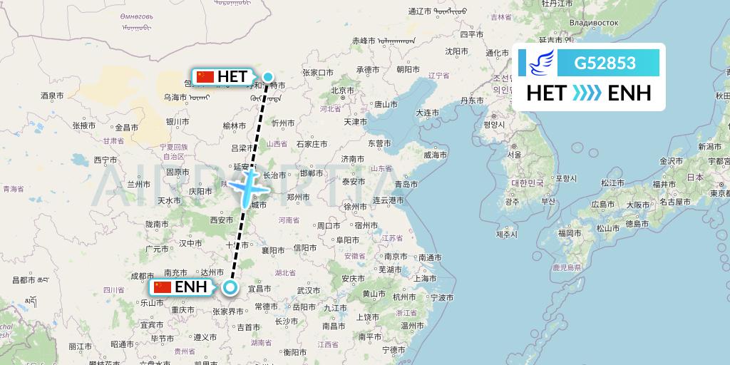 G52853 China Express Airlines Flight Map: Hohhot to Enshi