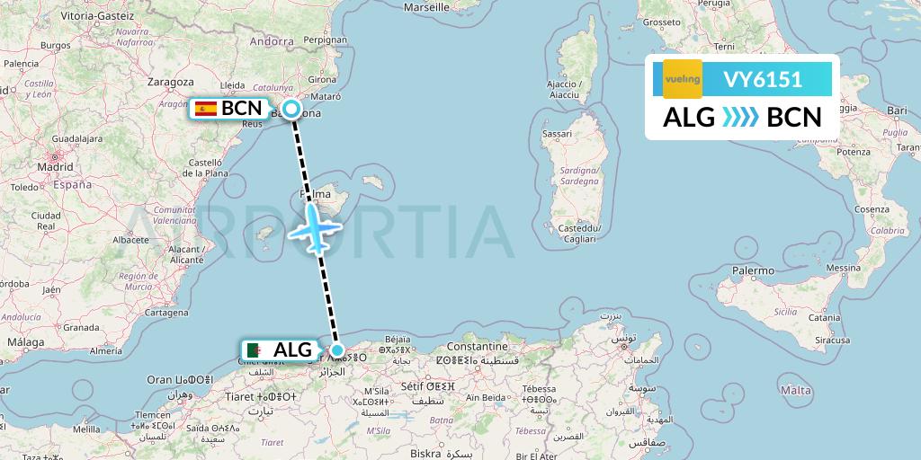 VY6151 Vueling Flight Map: Algiers to Barcelona
