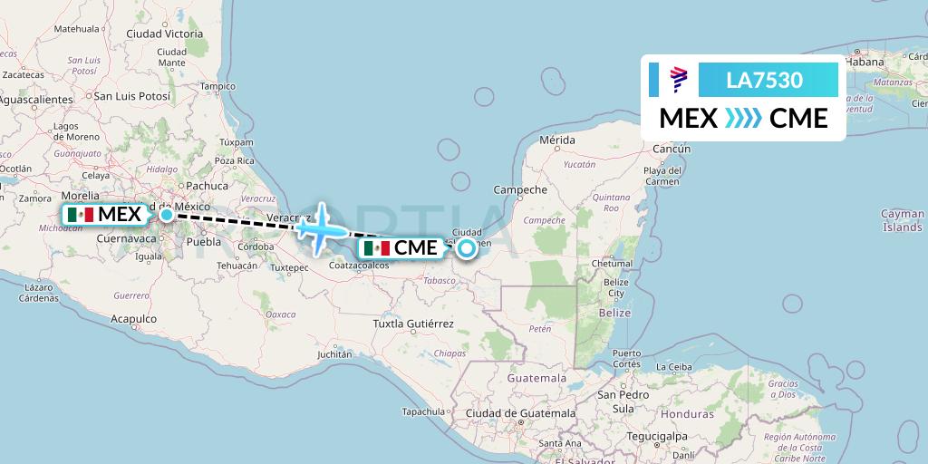 LA7530 LAN Airlines Flight Map: Mexico City to Ciudad del Carmen