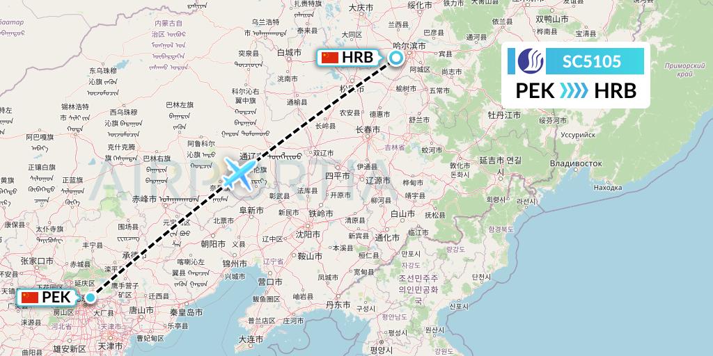 SC5105 Shandong Airlines Flight Map: Beijing to Harbin