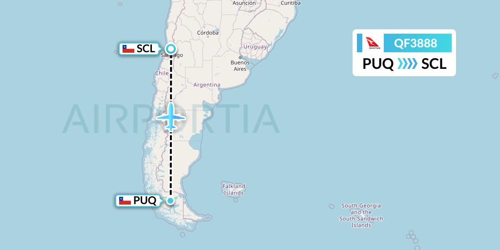 QF3888 Qantas Flight Map: Punta Arenas to Santiago