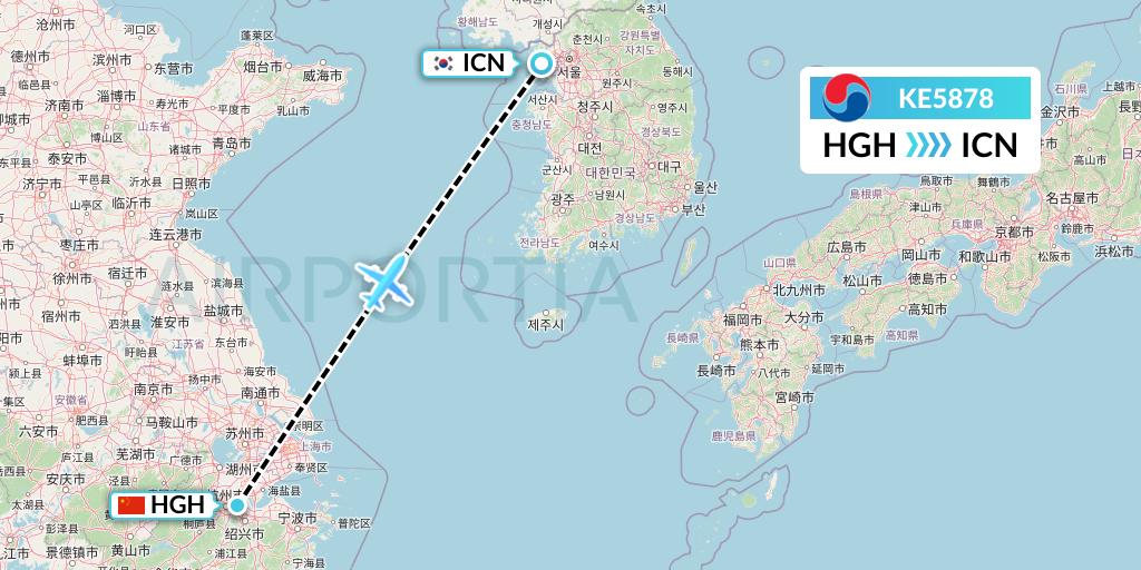 KE5878 Korean Air Flight Map: Hangzhou to Seoul