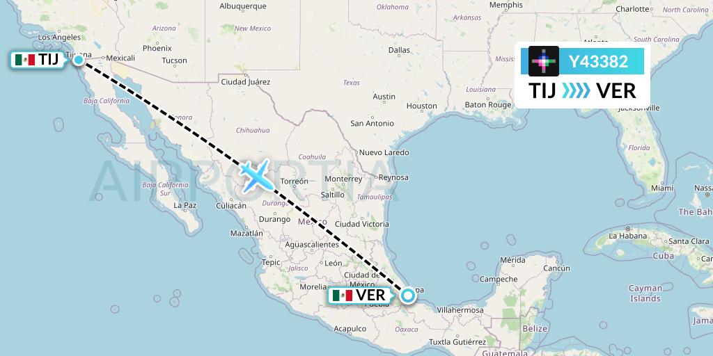 Y43382 Volaris Flight Map: Tijuana to Veracruz