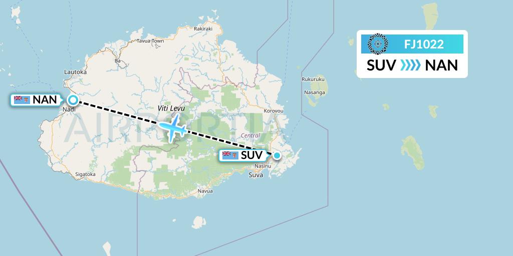 FJ1022 Fiji Airways Flight Map: Suva to Nadi