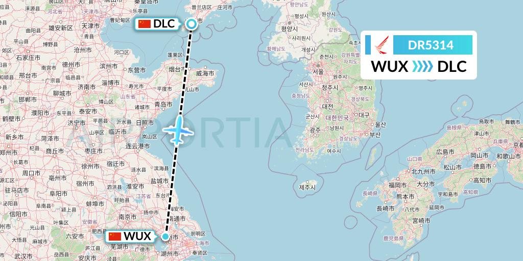 DR5314 Ruili Airlines Flight Map: Wuxi to Dalian