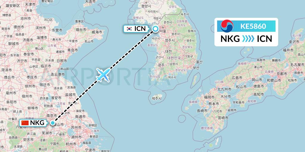 KE5860 Korean Air Flight Map: Nanjing to Seoul