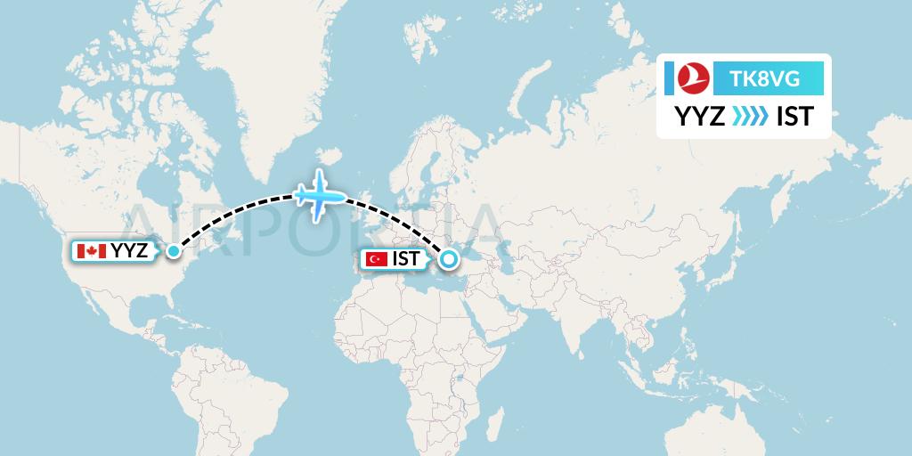 TK8VG Turkish Airlines Flight Map: Toronto to Istanbul