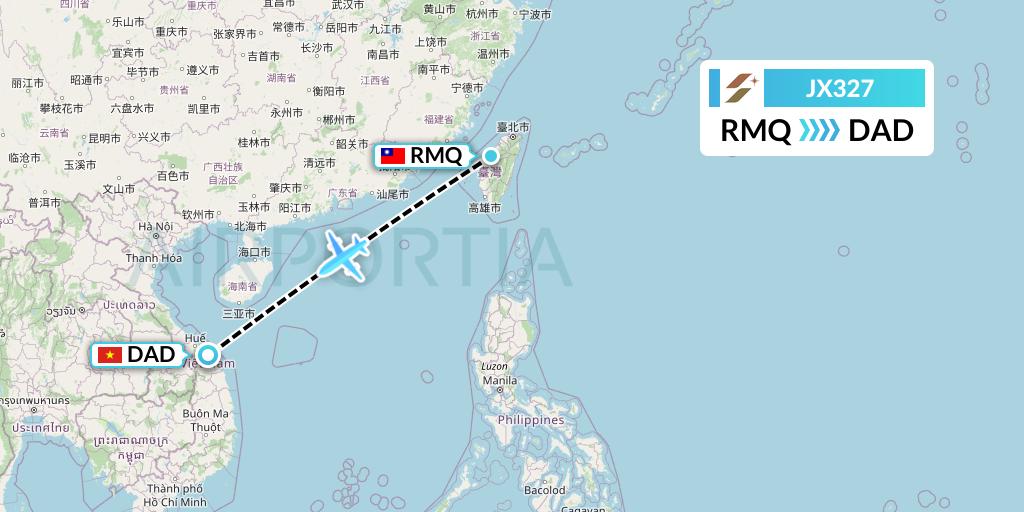 JX327 Starlux Airlines Flight Map: Taichung to Da Nang