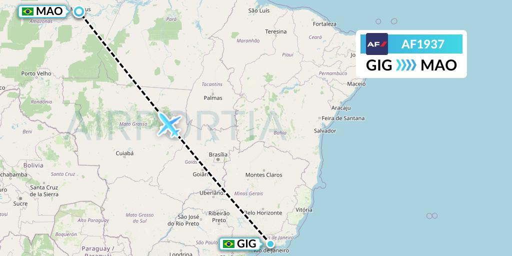 AF1937 Air France Flight Map: Rio de Janeiro to Manaus