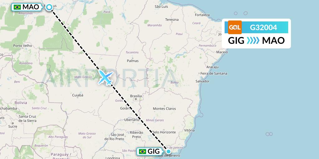 G32004 GOL Transportes Aeros Flight Map: Rio de Janeiro to Manaus
