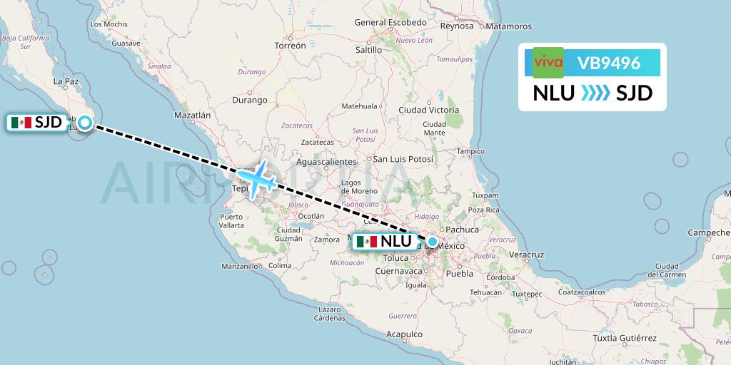VB9496 VivaAerobus Flight Map: Reyes Acozac to San Jose del Cabo