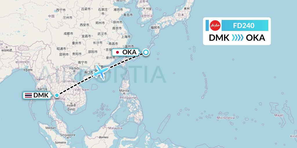 FD240 Thai AirAsia Flight Map: Bangkok to Naha