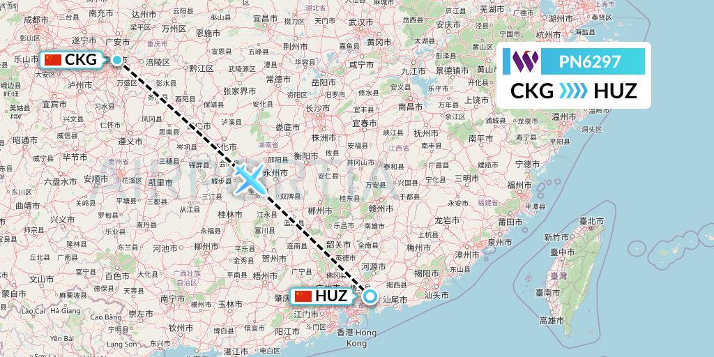 PN6297 China West Air Flight Map: Chongqing to Huizhou