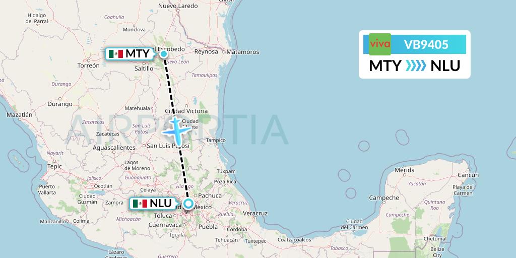 VB9405 VivaAerobus Flight Map: Monterrey to Reyes Acozac