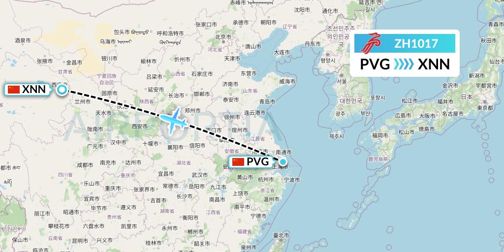 ZH1017 Shenzhen Airlines Flight Map: Shanghai to Xining