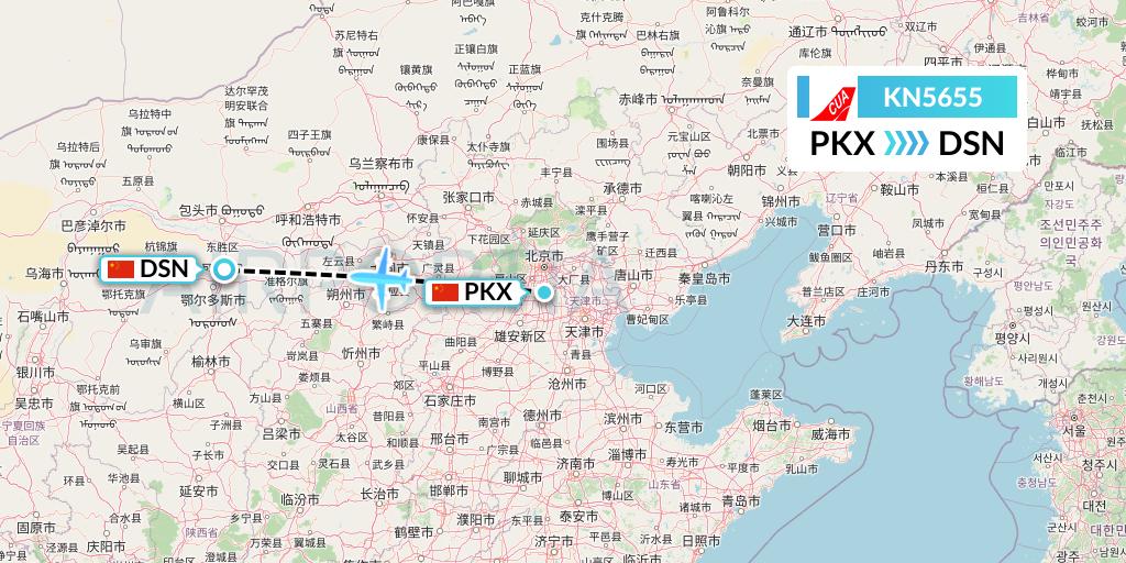 KN5655 China United Airlines Flight Map: Beijing to Dongsheng