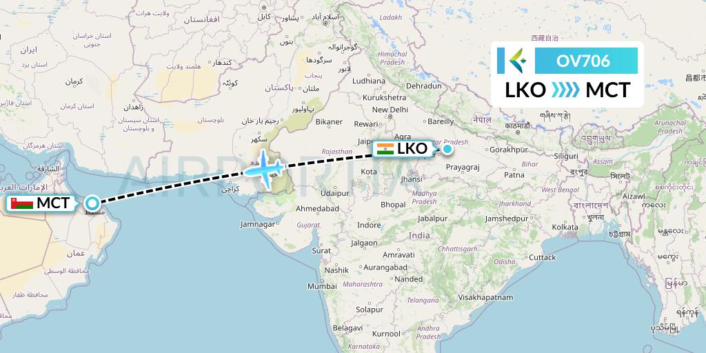 OV706 SalamAir Flight Map: Lucknow to Muscat