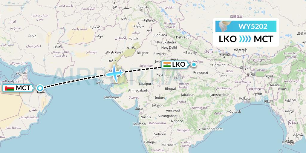 WY5202 Oman Air Flight Map: Lucknow to Muscat
