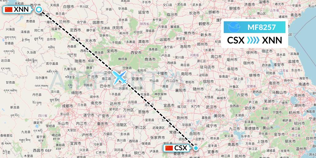 MF8257 Xiamen Airlines Flight Map: Changsha to Xining