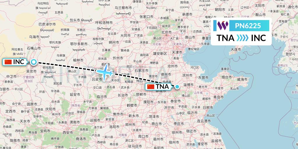 PN6225 China West Air Flight Map: Jinan to Yinchuan