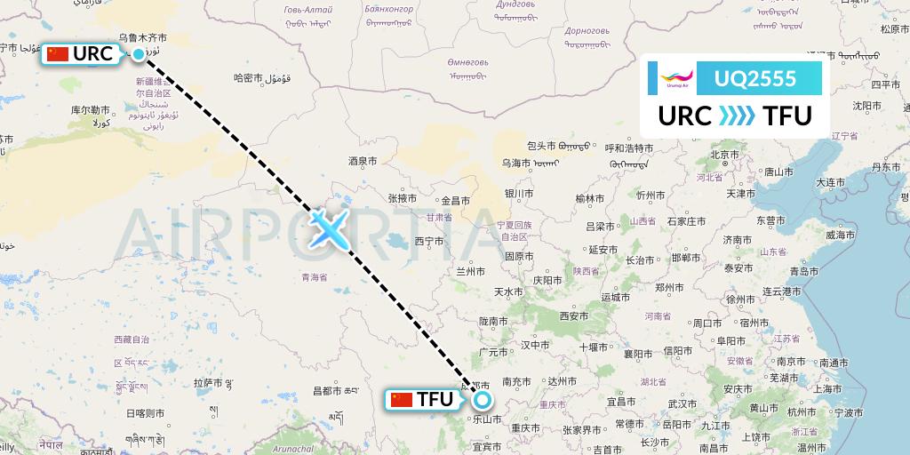 UQ2555 Urumqi Airlines Flight Map: Urumqi to Chengdu