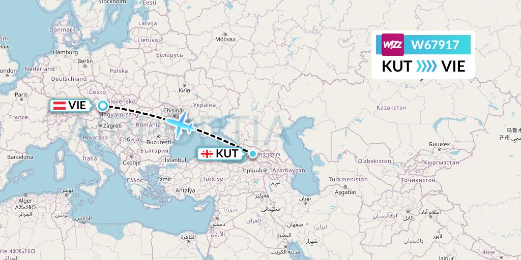 W67917 Wizz Air Flight Map: Kutaisi to Vienna