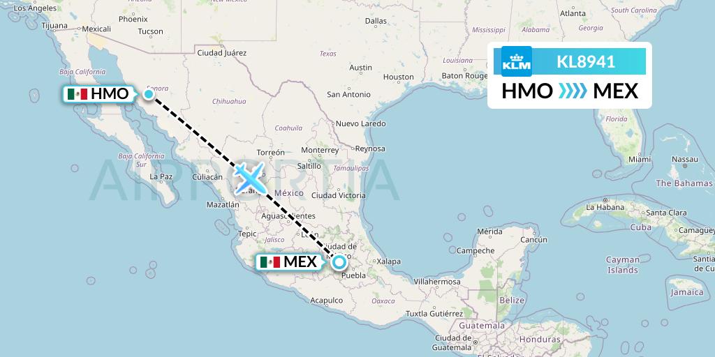 KL8941 KLM Flight Map: Hermosillo to Mexico City