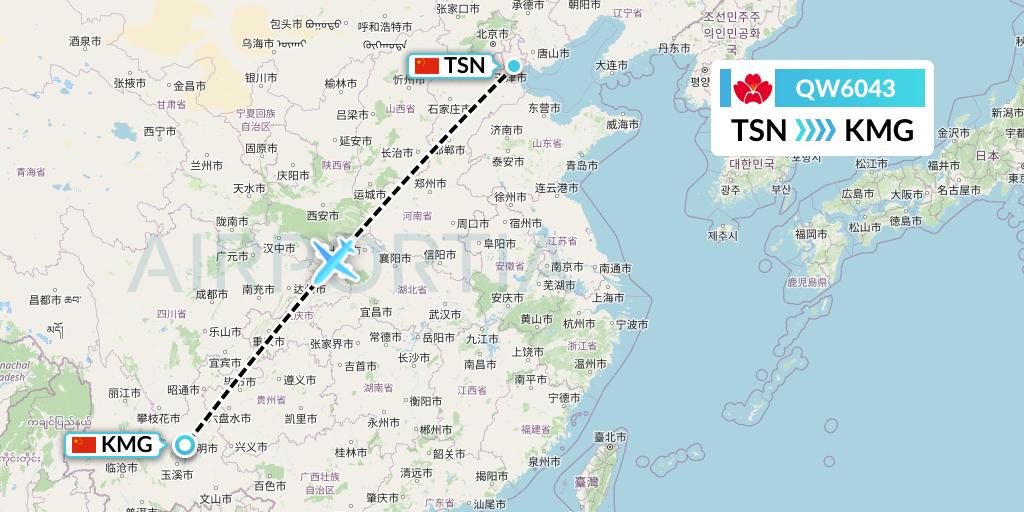 QW6043 Qingdao Airlines Flight Map: Tianjin to Kunming
