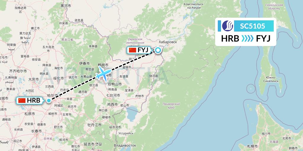 SC5105 Shandong Airlines Flight Map: Harbin to Fuyuan