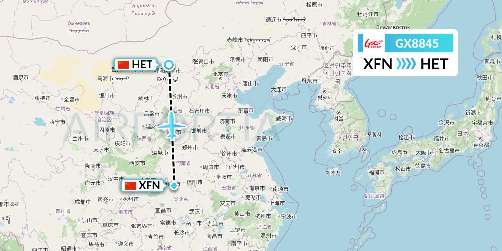 GX8845 GX Airlines Flight Map: Xiangyang to Hohhot