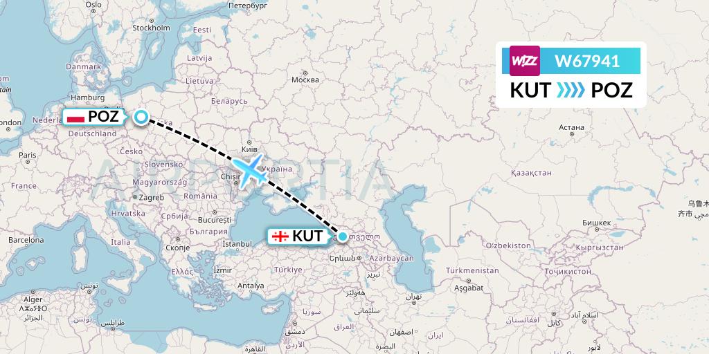 W67941 Wizz Air Flight Map: Kutaisi to Poznan