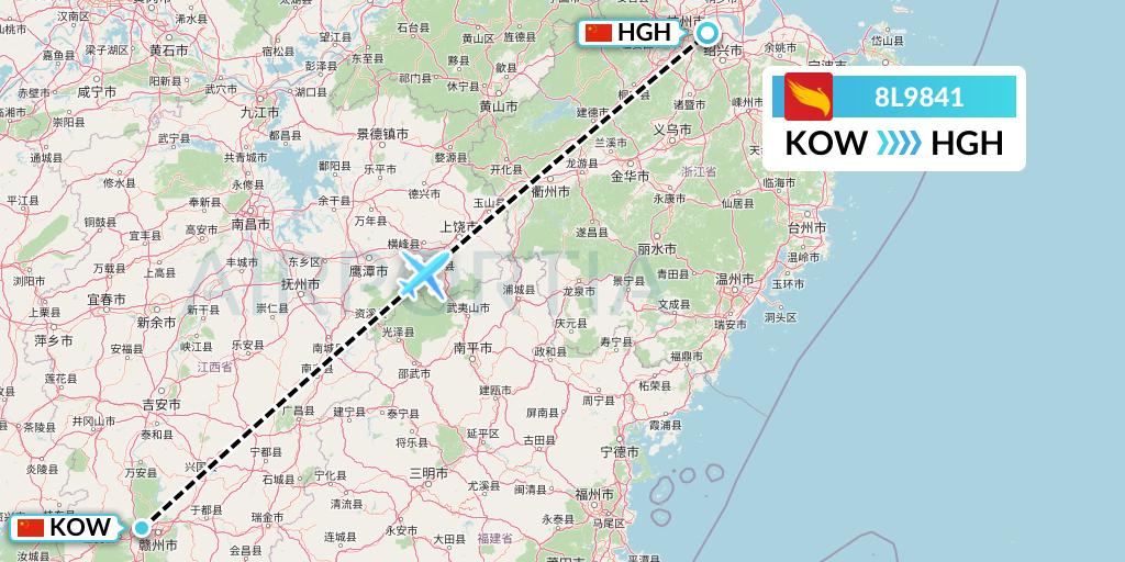 8L9841 Lucky Air Flight Map: Ganzhou to Hangzhou
