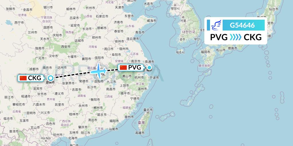 G54646 China Express Airlines Flight Map: Shanghai to Chongqing