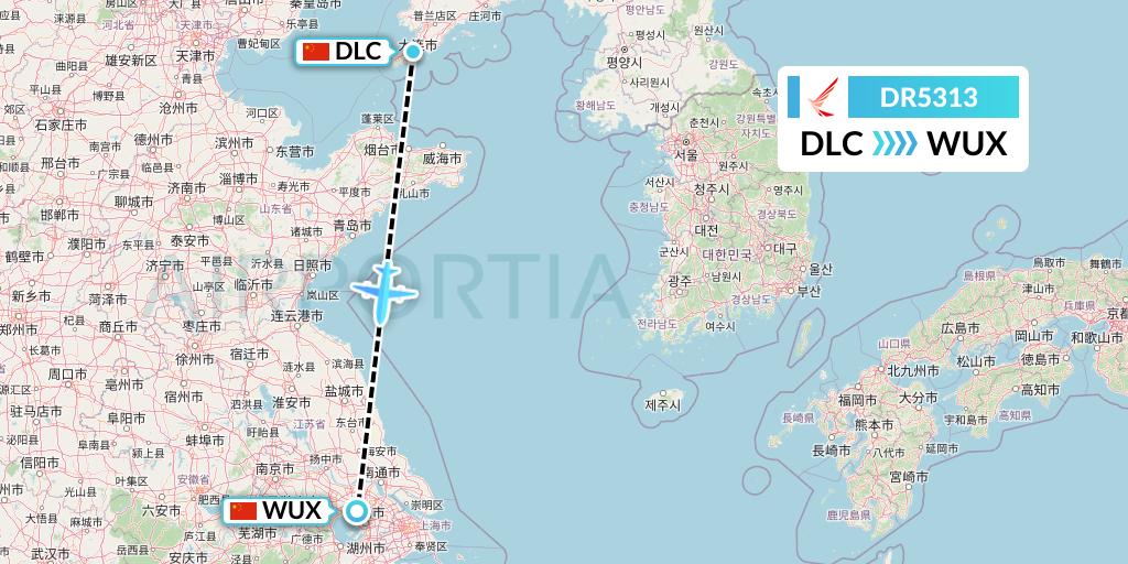 DR5313 Ruili Airlines Flight Map: Dalian to Wuxi