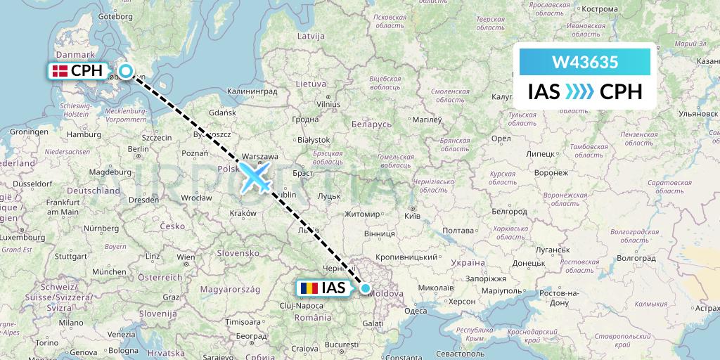 W43635 Wizz Air Malta Flight Map: Iasi to Copenhagen
