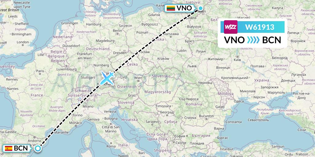W61913 Wizz Air Flight Map: Vilnius to Barcelona