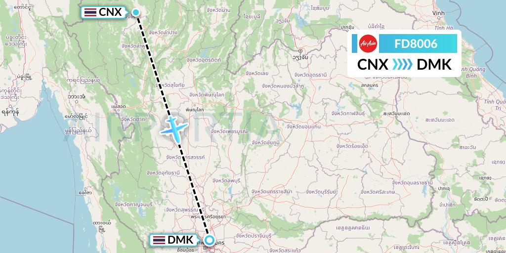 FD8006 Thai AirAsia Flight Map: Chiang Mai to Bangkok