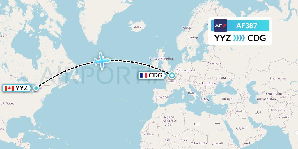 AF387 Air France Flight Map: Toronto to Paris
